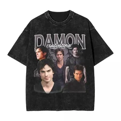 Washed T Shirts Damon Salvatore Hip Hop T-Shirts Harajuku The Vampire Diaries Ian Somerhalder Streetwear Tee Shirt Men Women