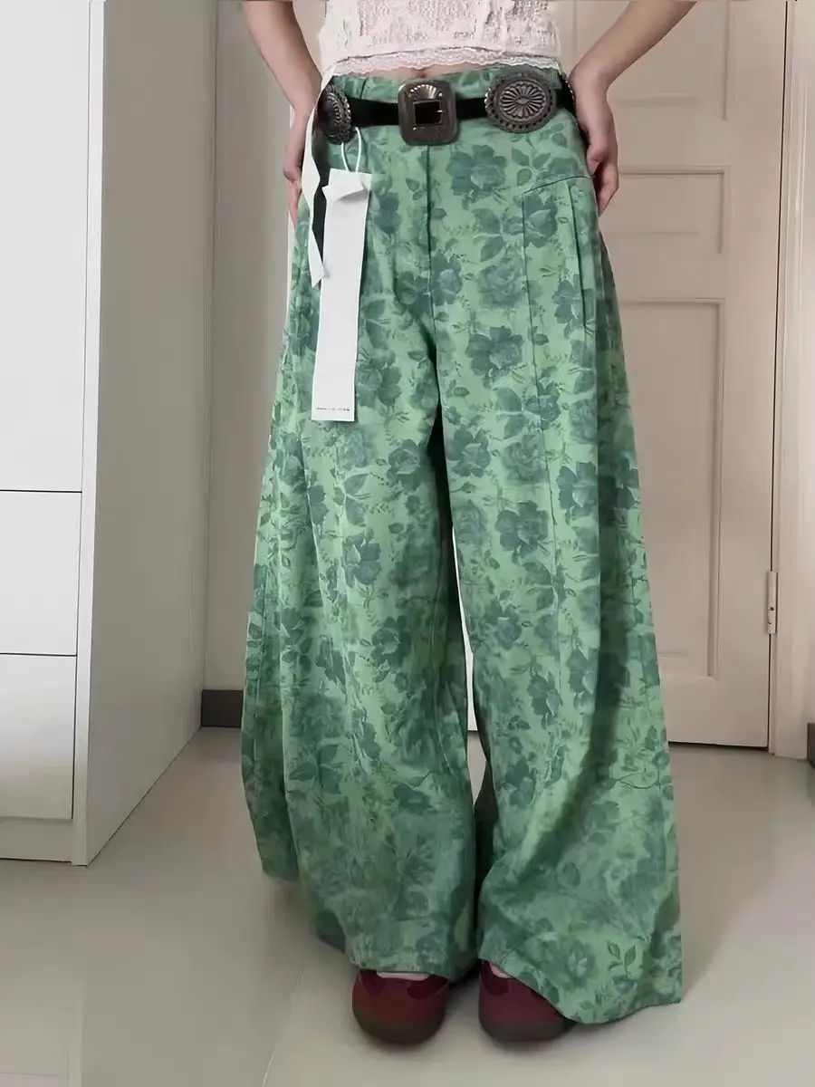 

Women's Green Flower Printed Jeans Baggy Y2K American Harajuku 2000S High Street Aesthetic Vintage Jeans Pants Trousers Clothing