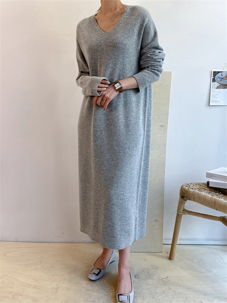 

Autumn Winter V-Neck Women's Sweater Dresses 2023 New Long Sleeve Solid Warm Knitted Casual Loose Long Dresses Lady Female