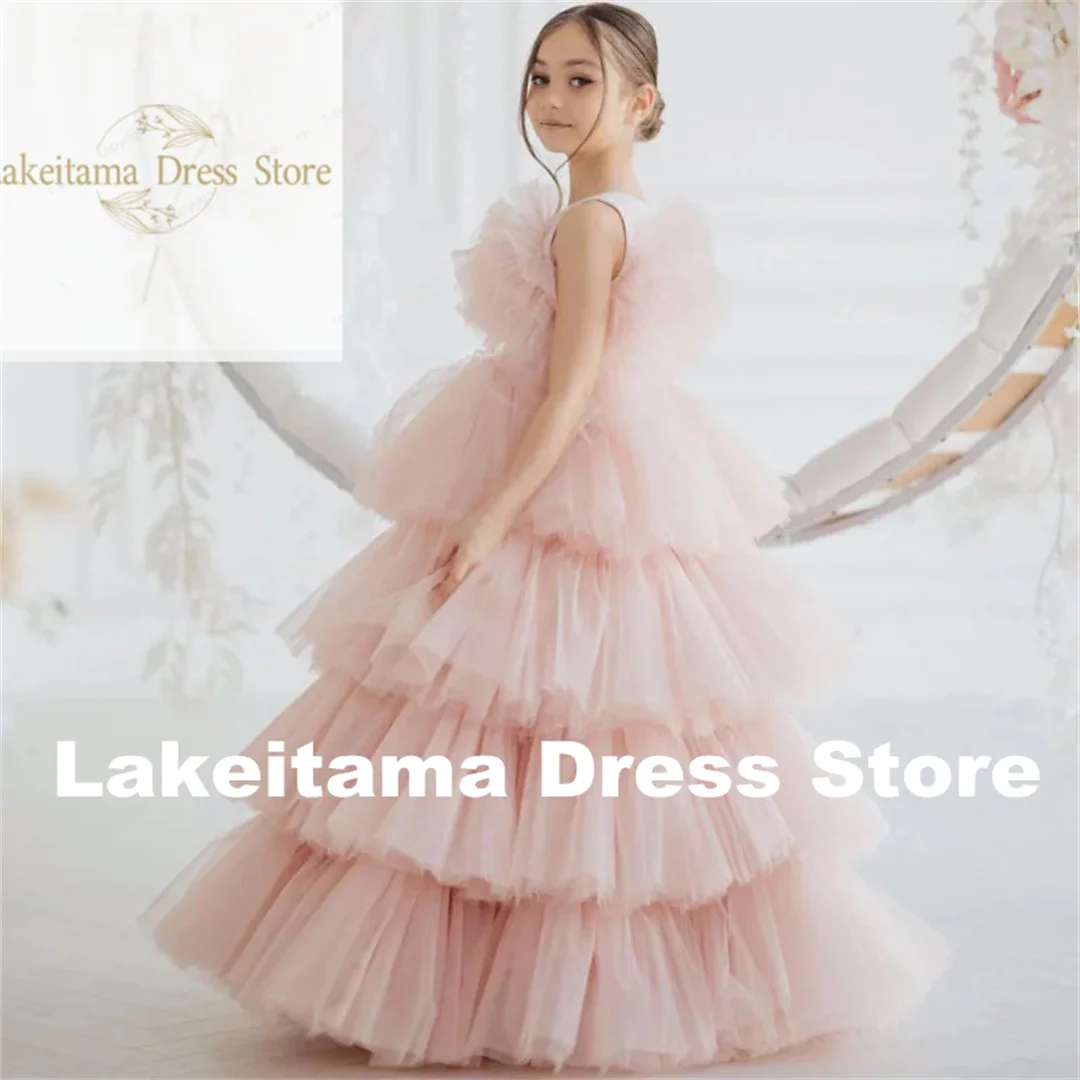 Personalização de casamento aniversário tule em camadas preto flor menina vestidos fita sem mangas para banquete baile de formatura vestidos de princesa