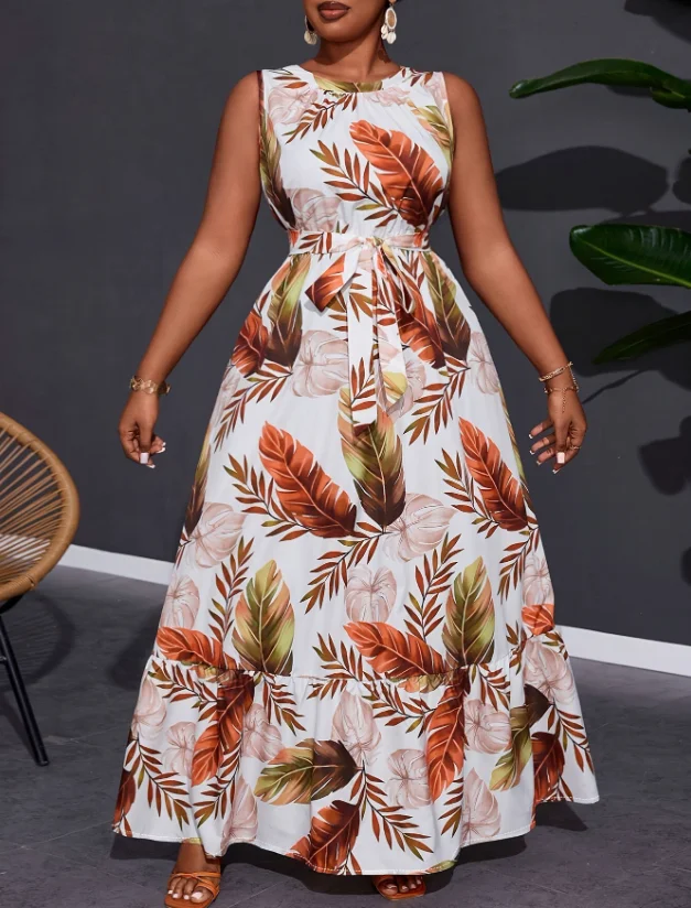 

Elegant Dresses for Women Summer Casual Sexy Round Neck Long Skirt Sleeveless Floral Print Waist Belt High Waisted Dress