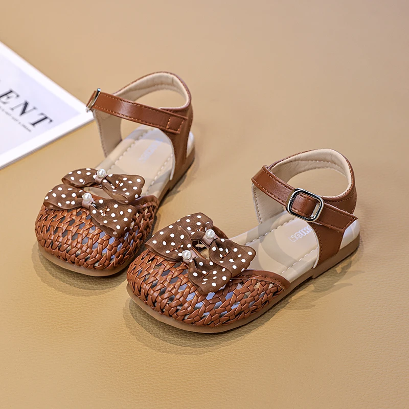 

Summer Children Polka Dot Sandals Toddler Bowknot Girls Fashion Flat Sandals Princess Woven Non-slip Kids Hollow-out Beach Shoes