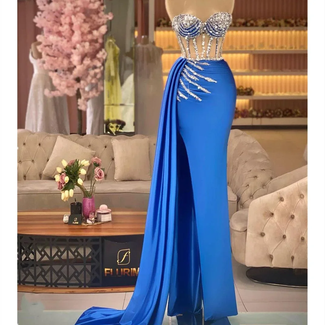 Robe de Rhsirène en satin bleu avec appliques à paillettes, robe de soirée formelle avec fente latérale, élégante