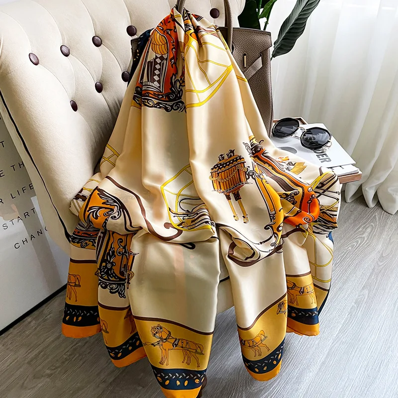 

2023 Europe And America Shawls Popular Print 180X90CM Bandannas Four Seasons Luxury Beach Towel Fashion Satin Long Silk Scarves