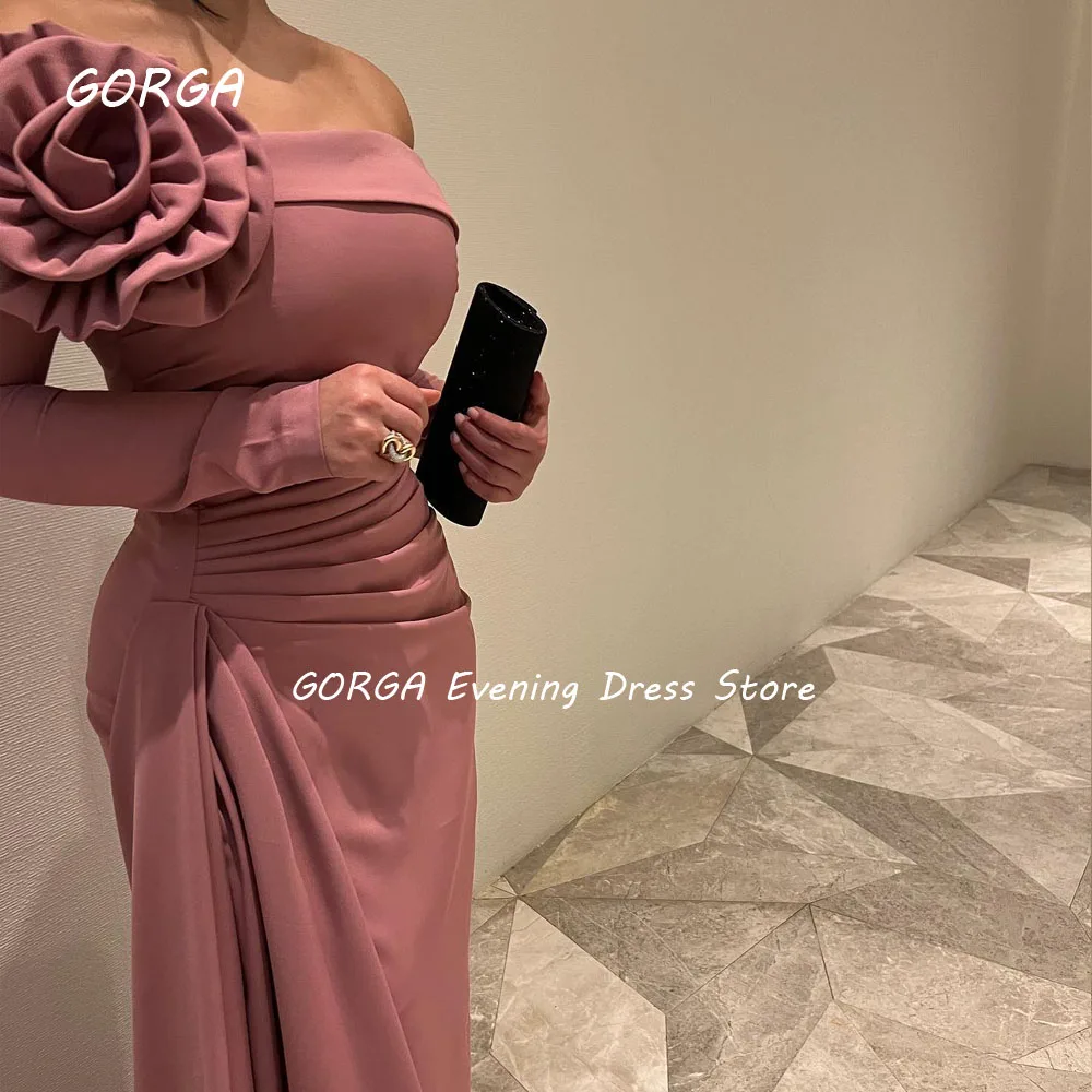 GORGA Brick red 3D Flowers Off The Shoulder Mermaid 2024 Slim Crepe Long Ocassion Gown Floor-Length Formal Evening Dress