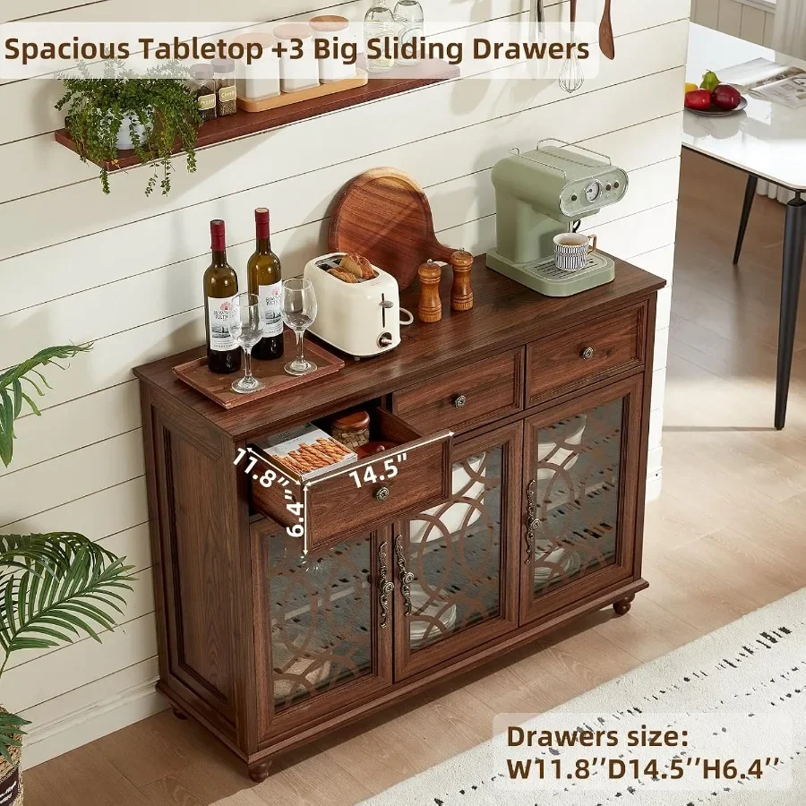 Farmhouse sideboard buffet cabinet for dining room and living room, solid wood construction, brown finish, 48-inch large creden view 5