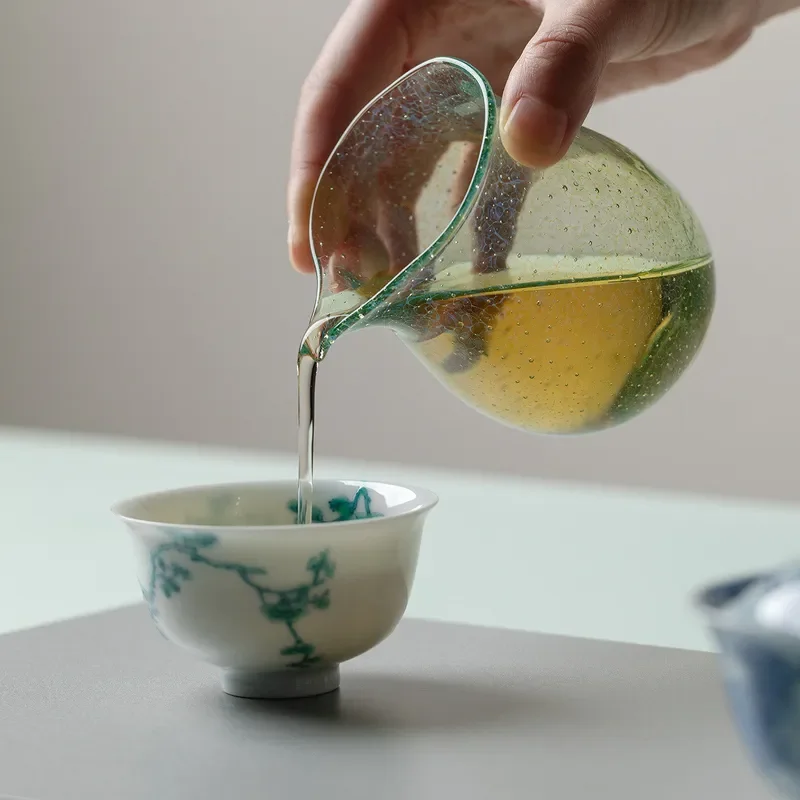 Thickened Glass Bubble Tea Cup Mint Green Pine Design Exquisite Heat Resistant Dispenser for Cold Brew Space Saving