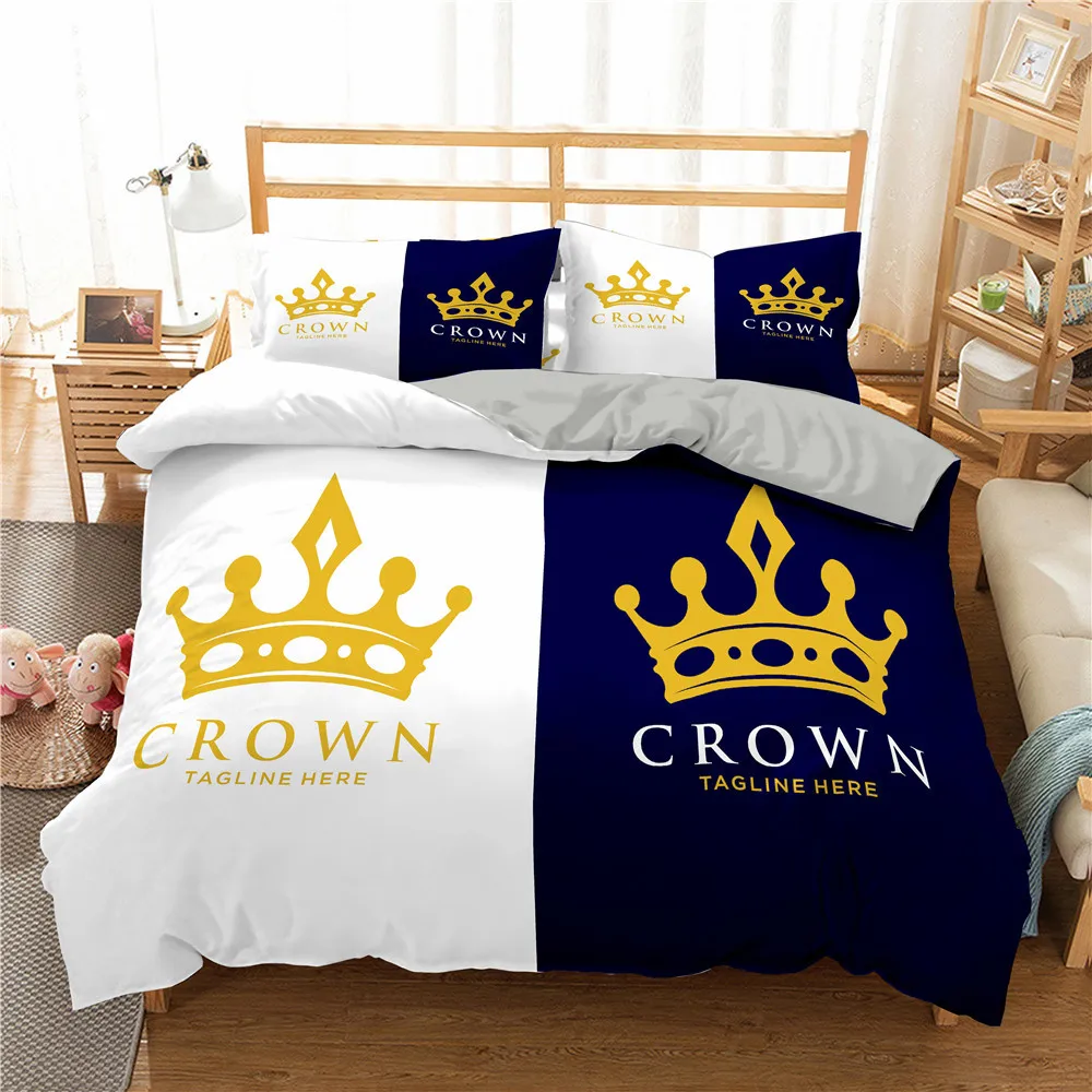 King And Queen Duvet Cover Set Microfiber Crown Lettering 2/3 Piece Bedding Set with Pillow Shams, Black White Blue Quilt Cover