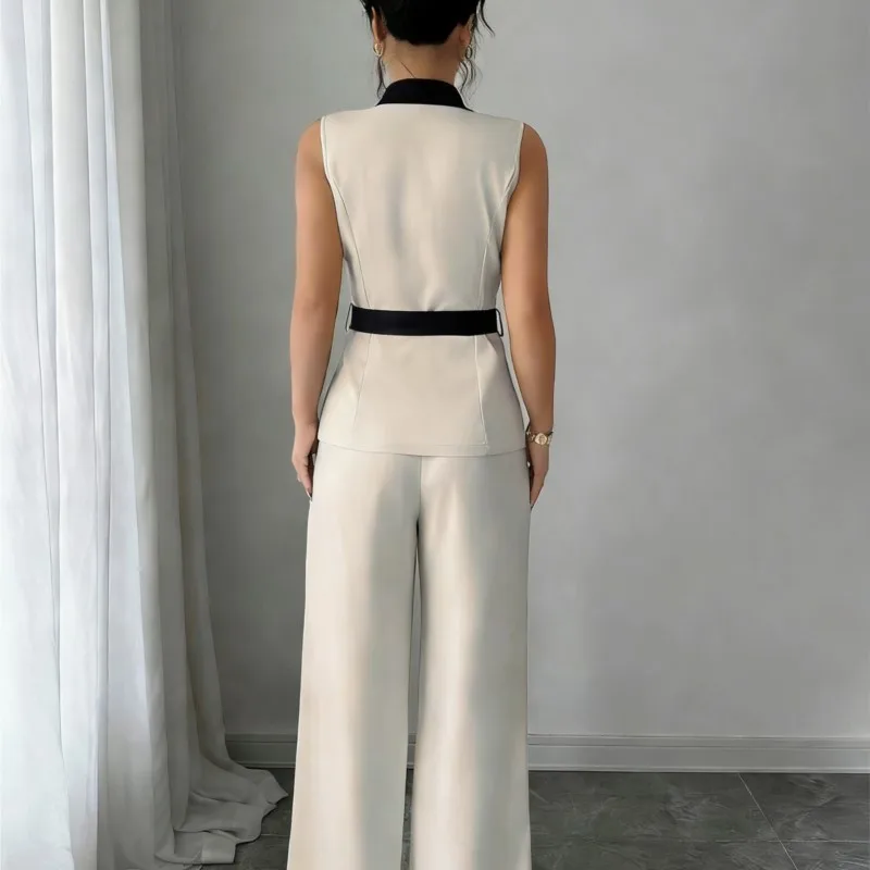 Vest Suit Women Wide Leg Pants Waistcoat 2 Piece Sets Sleeveless Jacket Belt Tight Waist Outfits Trousers Office Lady Ensemble view 2