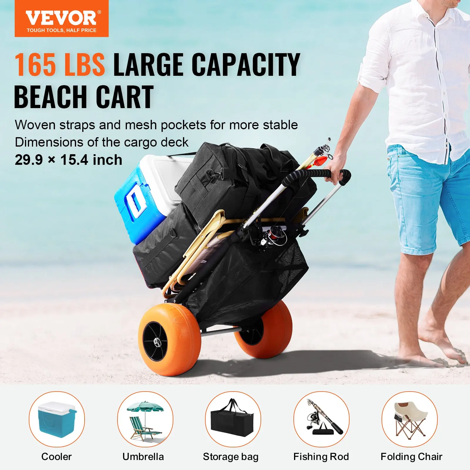 

Beach Dolly With Big Wheels For Sand, 29.9' X 15.4' Cargo Deck, W/ 12' Foam Wheels, 165LBS Loading Capacity Folding Sand Cart &