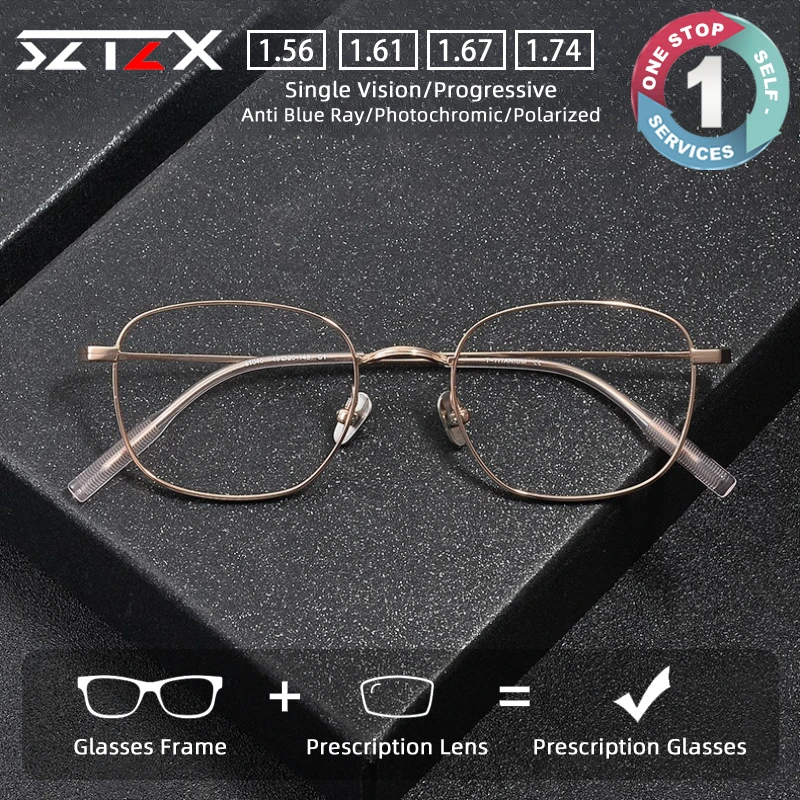 

SZTZX Square Frame Electroplated Pure Titanium Men Women Glasses Fashion Reading Glasses Progressive Prescription Glasses 81040
