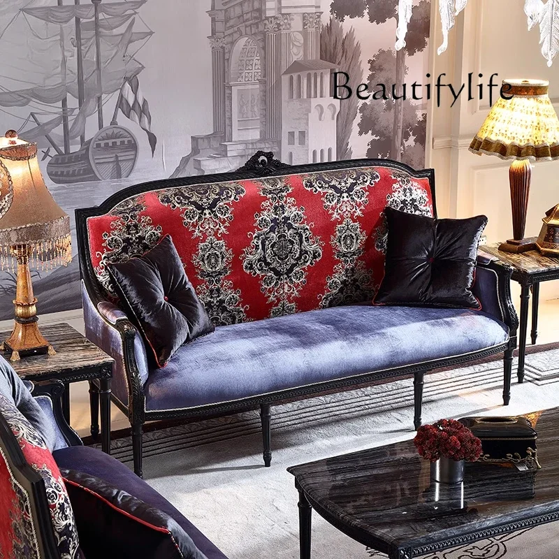 X35 Retro Solid Wood Carving Flower Fabric Leisure Sofa Imported Beech Luxury Villa Original Furniture
