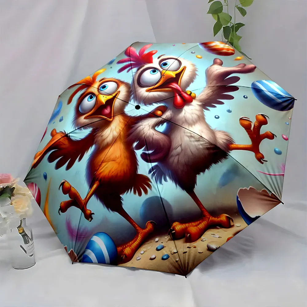 1PC Fun Cartoon Chicken Design on a Vibrant Umbrella Print 8 Iron Ribs Folding Umbrella Auto-Open Fashion Sunshade