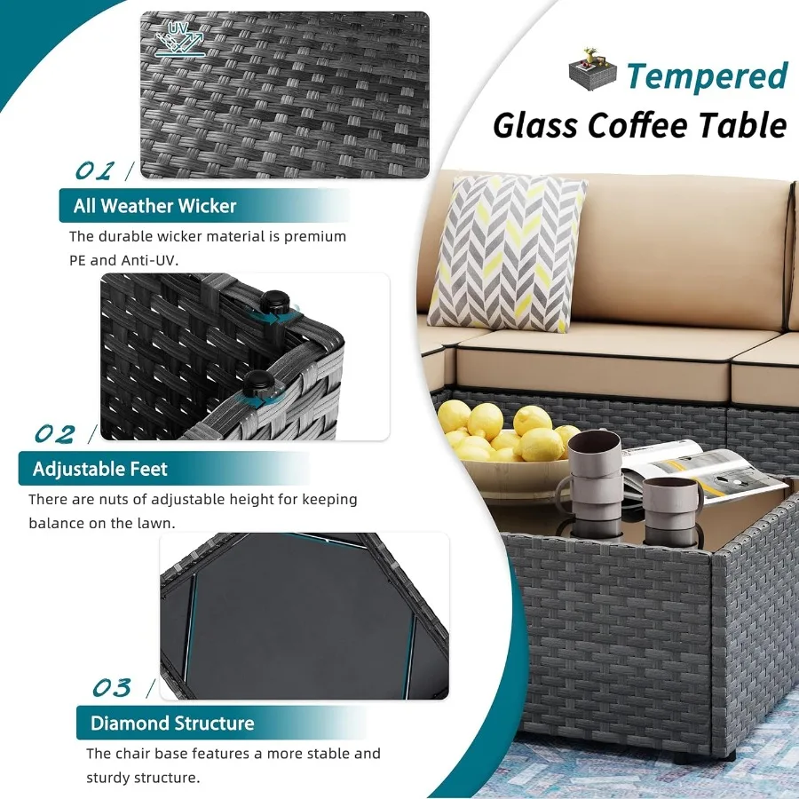 7 قطعة مجموعات المحادثة في الفناء في الهواء الطلق عالية الظهر جميع الأحوال الجوية الروطان أريكة الاقسام مع طاولة شاي ووسائد الأريكة قابل للغسل ل