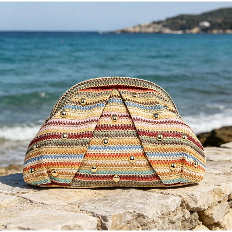 Vintage Häkel-Clutch, Retro-Handtasche für Damen, Sommer Boho Nieten-Dekor, gerüschte Handtasche mit wolkenförmigem Verschluss – Detail 3