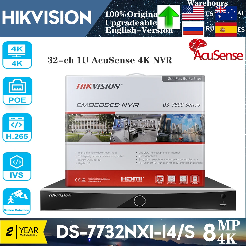 Hikvision Original 32-ch 1U AcuSense 4Sata 4K DS-7732NXI-I4/S NVR 32ch Cameras Network Video Recorder Support Third-party Camera