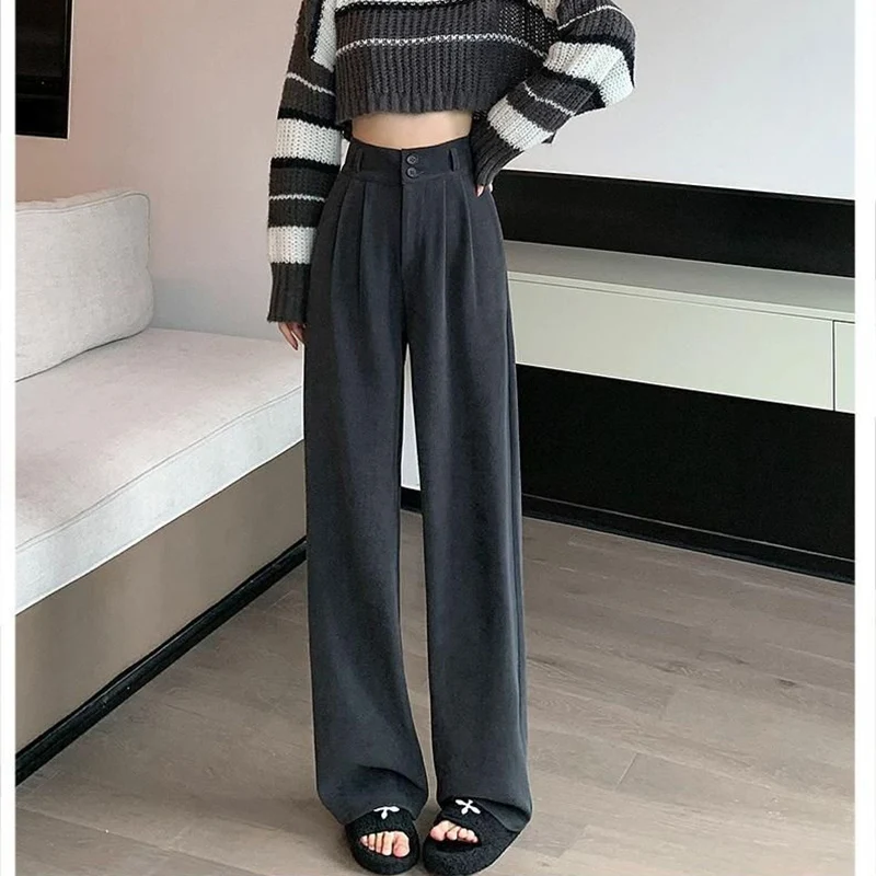 2025 Female High Waist Double Button Pants Women Comfortable Straight Leg Trousers Girls Korean Fashion Daily Pants