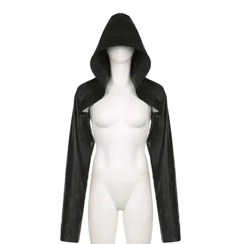 HKSH Women Short PU Leather Jacket Hooded Long Sleeves Sexy Streetwear Punk Chic Coat Asymmetric Tops Spring Summer 2026 HK12946