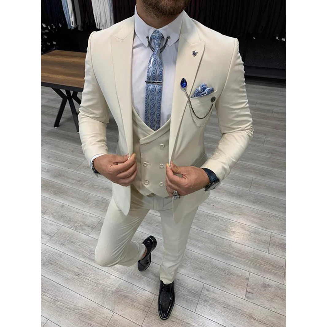 

CustomizedMew Arrival 3 Pieces Ivory Two Button Mens Suit 2021 Slim Fit Tailor Made Groom Wear Wedding Business Blazer（Jacket+V