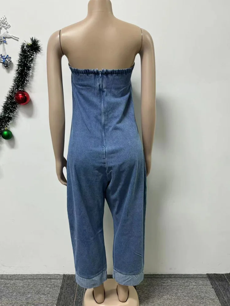 Kricesseen Runway Denim Patchwork Bandeau Jumpsuits One Piece Outfits Women\'s Bomb Jeans Harem Jumper Night Clubwear Outfits