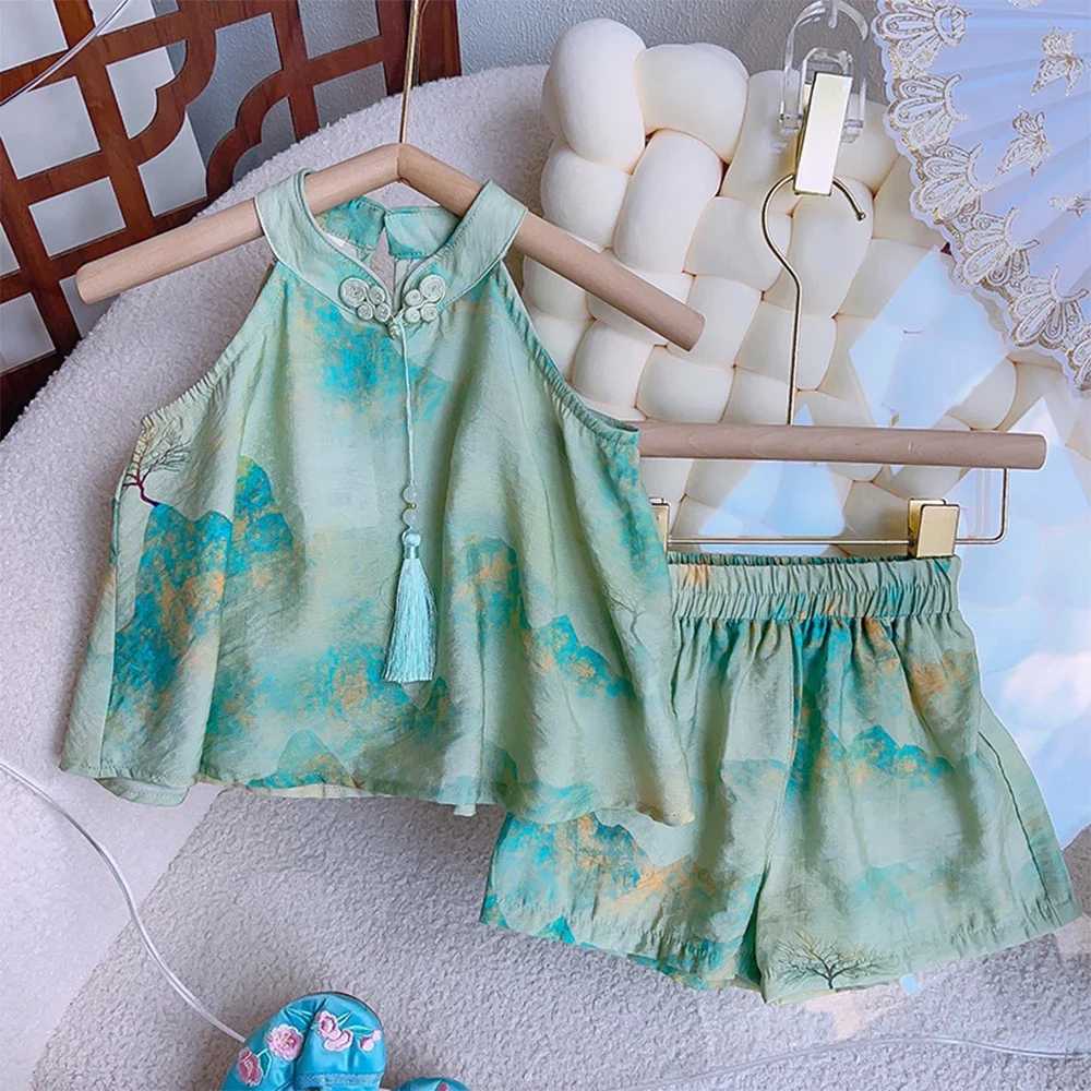 Bear Leader Girls\' Set Summer New Chinese Style Printed Standing Neck Tassel Top+Shorts Two Piece Set Fashion Kids\' Clothing