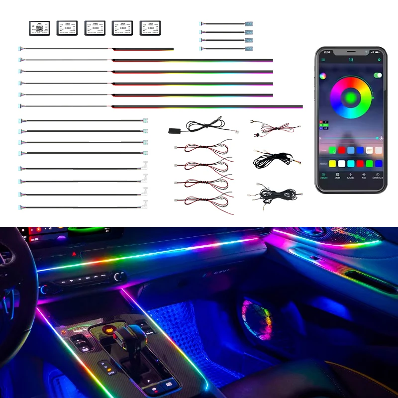 Fast delivery car ambient light kit 22 in 1/18 in 1/10 in 1 Rgb Car Interior Optical Acrylic Strip Symphony car led lamp