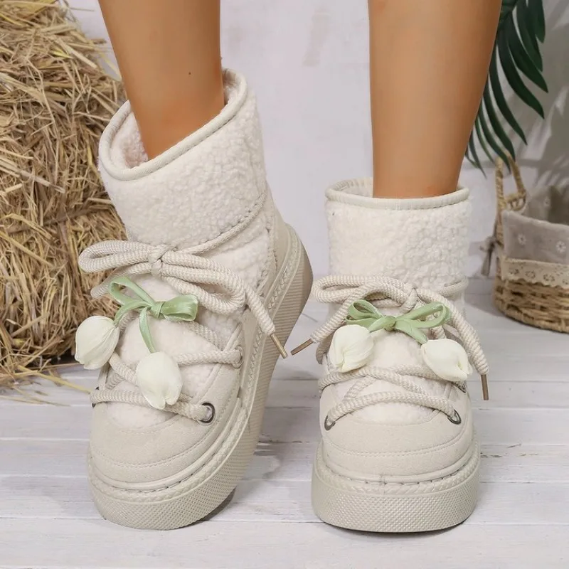 Women's Ankle Boots Round Toe Flat Platform Fuzzy Upper Lace-Up Decorative Flower Bow Metal Eyelets Textured and Stable Outsoles