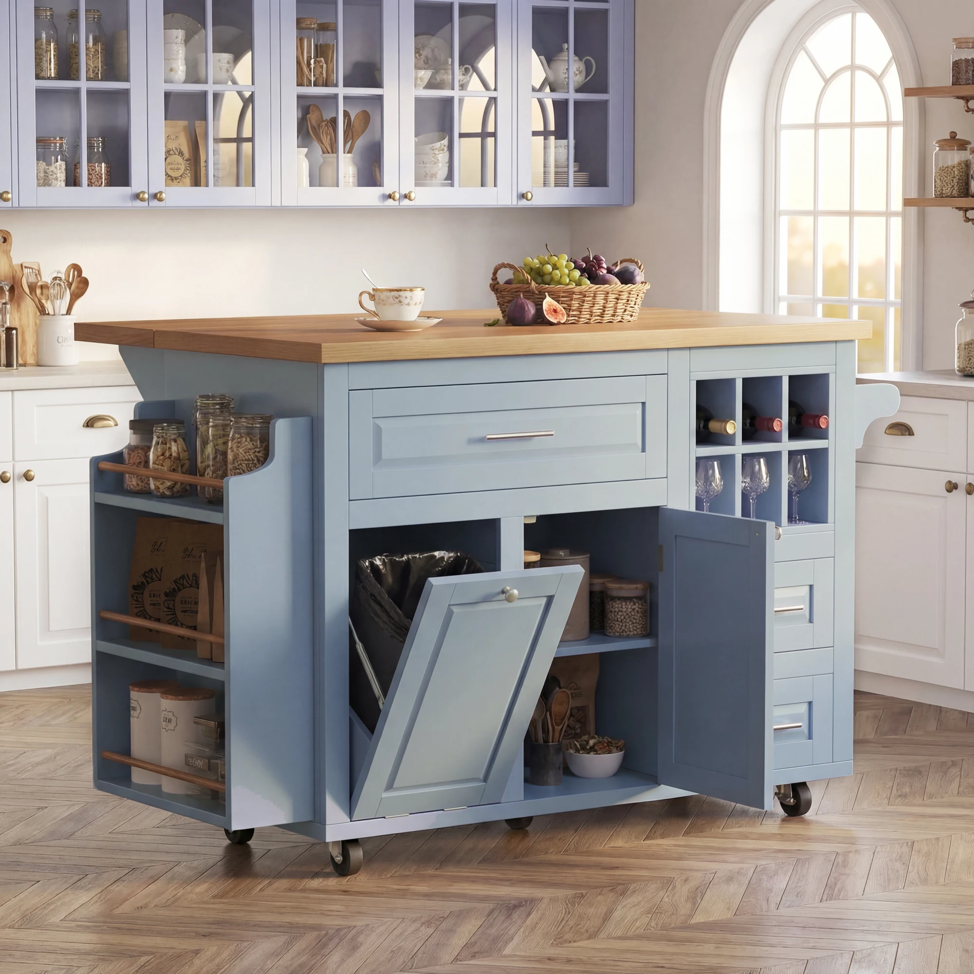 Carrito de Cocina Ergonómico, Carrito de Servicio con Cajones, Estante para Vinos Extraíble, Estante Lateral para Aperitivos y Espacio de Almacenamiento – Almacenamiento con Ruedas