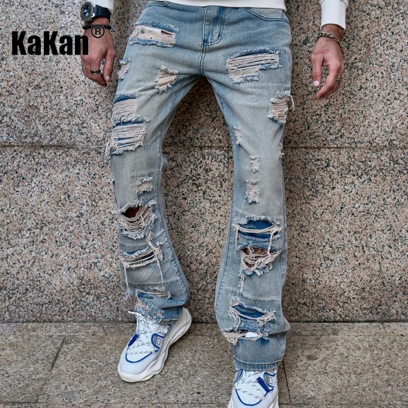 Kakan - European and American New Distressed Vintage Jeans for Men, High Street Trend Loose Fitting Denim Pants K9-160