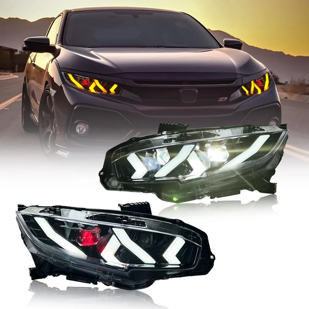 

Pair LED Headlights Assembly For Honda Civic 2016-2021 Head Lamps Assembly Devil Eye
