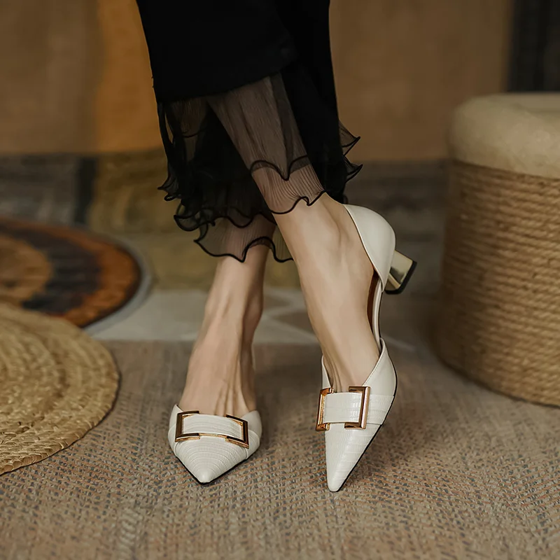 Spring 2022 Genuine Leather Women Shoes Fashion Pointed Toe Low Heel Pumps Shoes for Women Zapatos De Mujer Full Leather Sandals