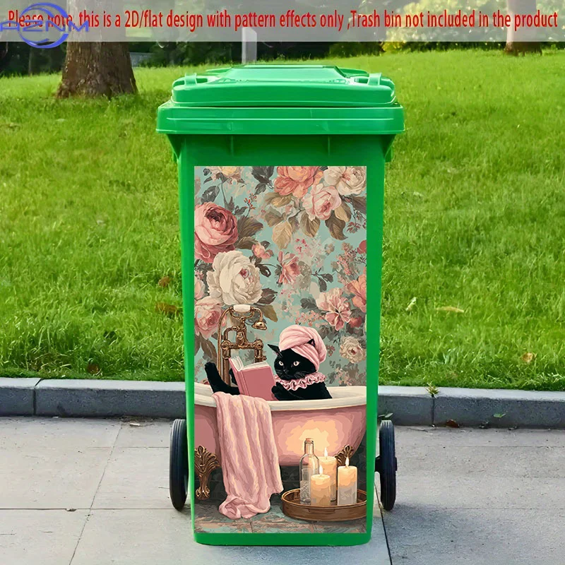 [2D Flat Printing] 1pc 2D Pattern Printing Kitchen Trash Can Sticker X Cm Bathing Cat Reading Time Theme Kitchen Home Decorati