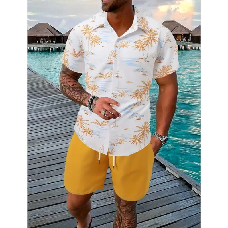 

2025 3D Print Men's Luxury Shirt Sets Hawaiian Fashion Lapel Short Sleeve Shirts Shorts 2 Piece Outfit Summer Casual Loose Suit