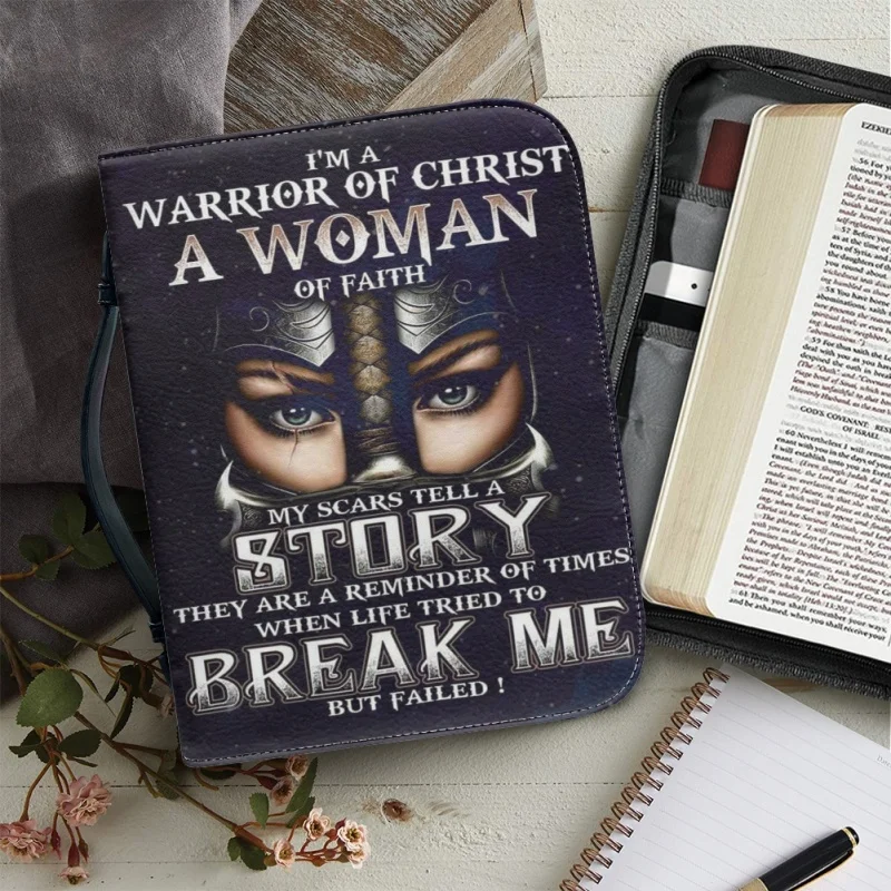 I'M A Warrior Of Christ A Woman Of Faith funda con estampado personalizado, bolsos de PU, libro de estudio, cajas de almacenamiento