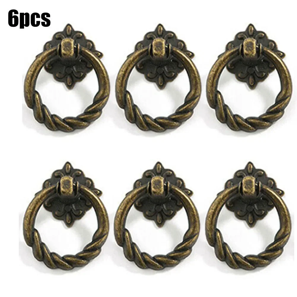 6pcs Retro Vintage Cabinet Knob Zinc Alloy Drawer Dresser Door Cupboard Drop Ring Pull Handle With Screws Easy To Install