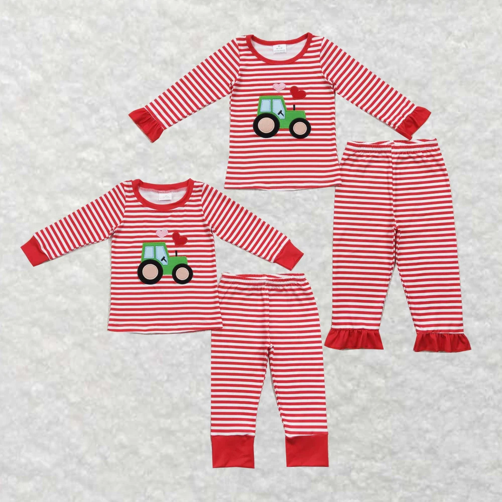 

wholesale western hot sale baby boys clothes Embroidery Love Tractor red and white striped long-sleeved trousers suit