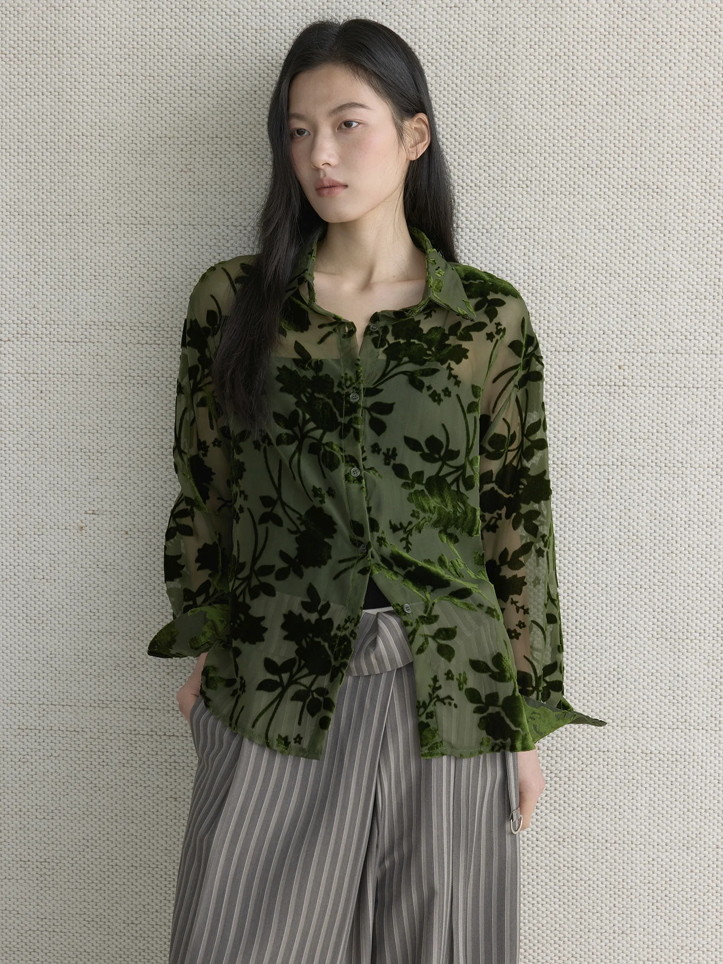 Early Spring New Korean Fresh Forest Plant Printed Transparent Velvet Shirt Soft and Comfortable Top for Women