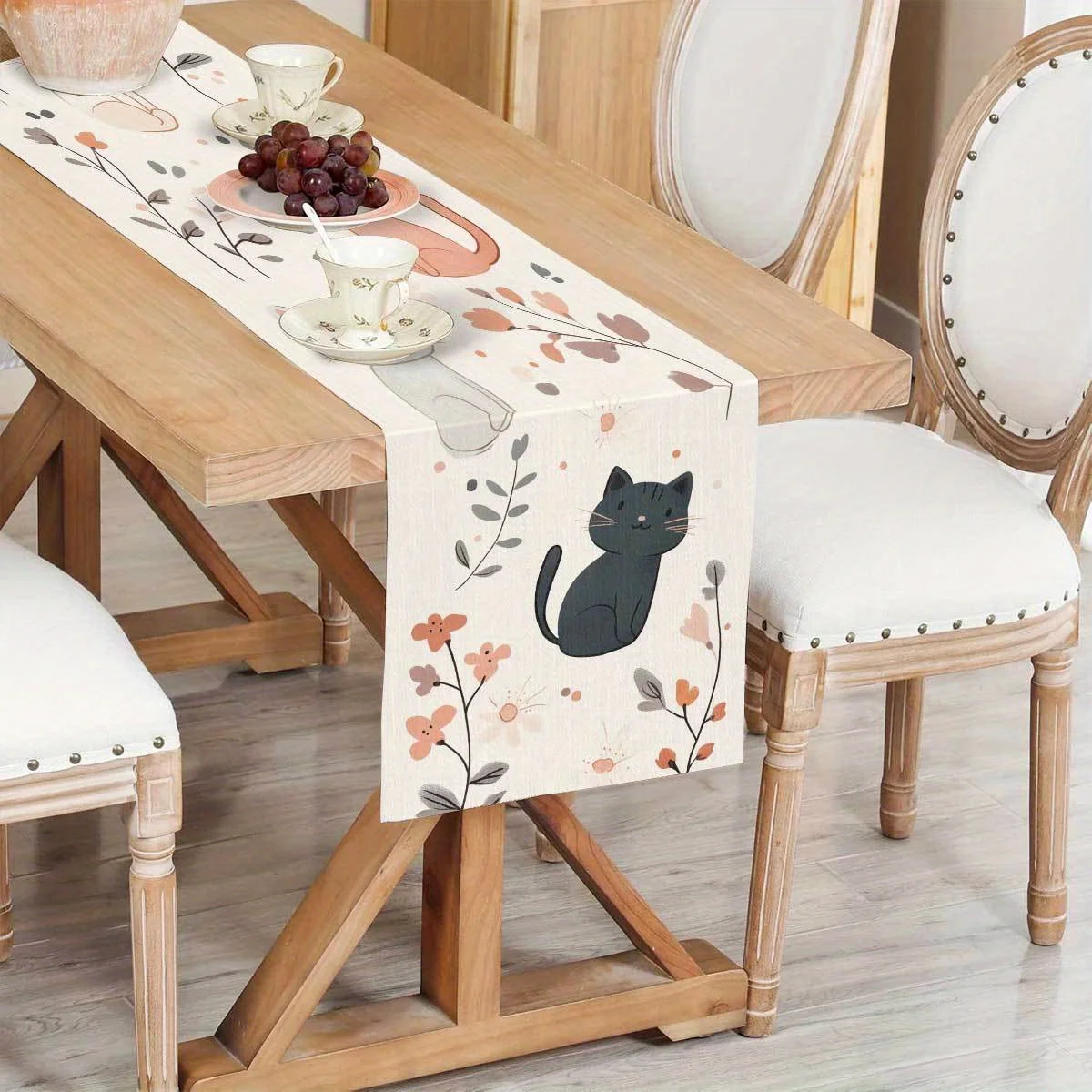 Cute Cat Floral Pattern Table Runner - Soft Durable Easy-Clean Warm Home Decor for All Dining Styles
