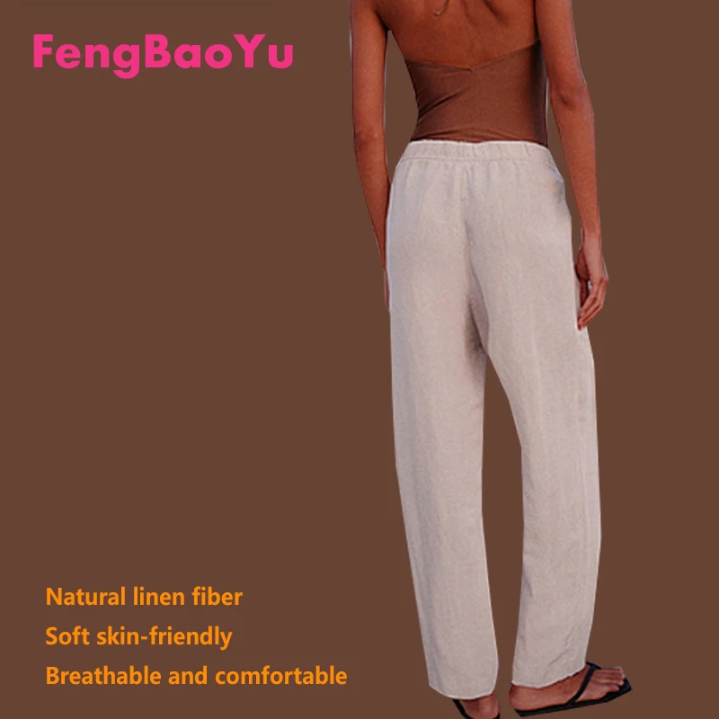 Fengbaoyu High-end 100% Pure Linen Women's Long Pants with Drawstrings and Laces - Cool and Comfortable in Summer