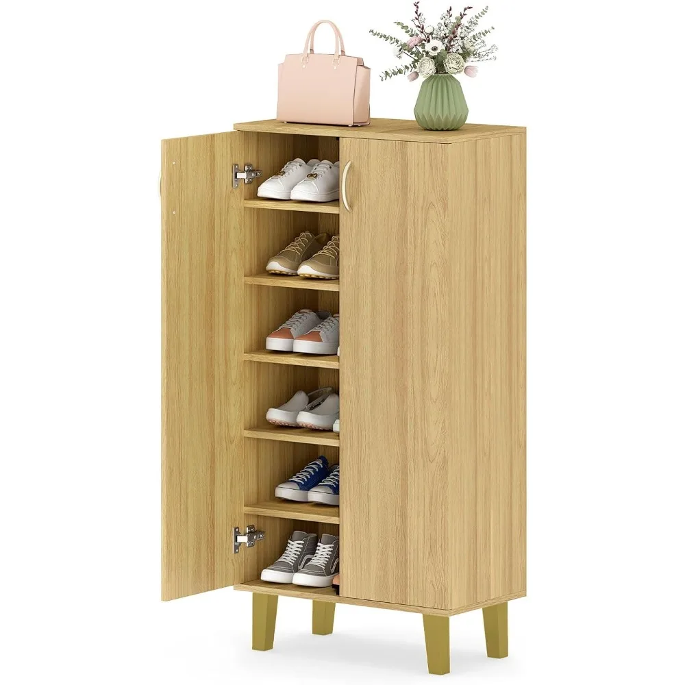 

6-story wooden shoe cabinet with door and detachable shelves, modern independent shoe rack organic material