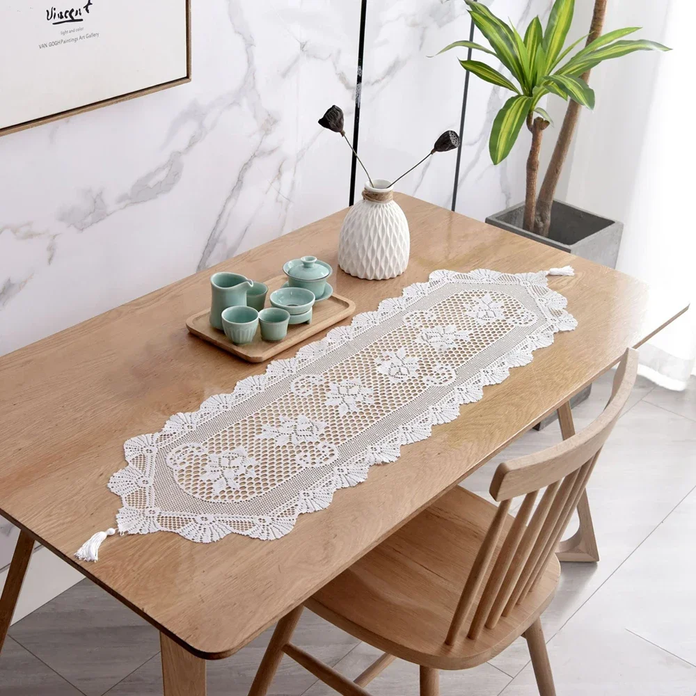 Rectangular Lace Table Runner White Cotton Table Dresser for Dining Coffee Tea End Tables Doilies Cover Home Wedding Party Decor