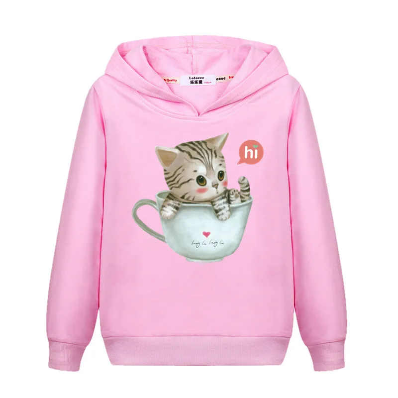 Aimi Lakana Cute Cat Graphic Hoodies Little Girl Long Sleeve Coat Autumn Cotton Sweatshirt Kids Cartoon Clothing 3-14T