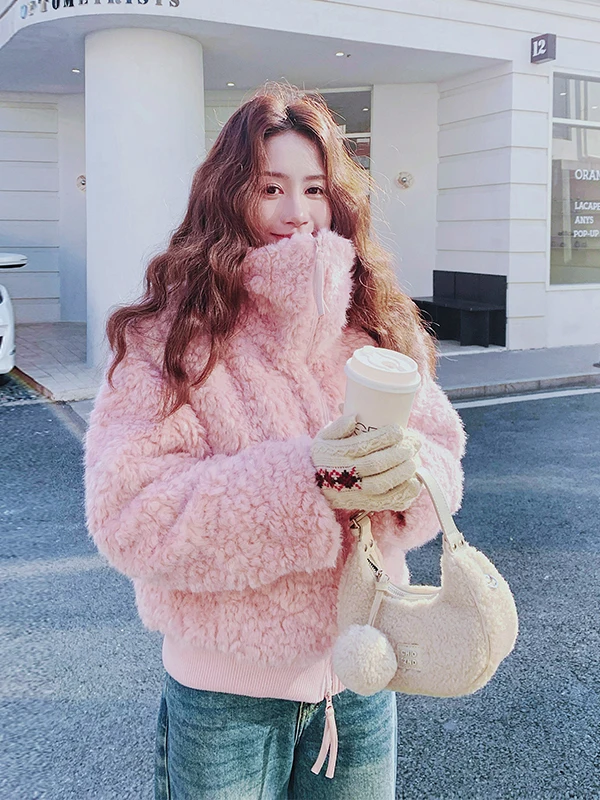 

Розовый пушистый жакет из овечьей шерсти для женщин, осенне-зимний, новый, маленький размер, очень красивый, теплый, повседневный, свободного кроя