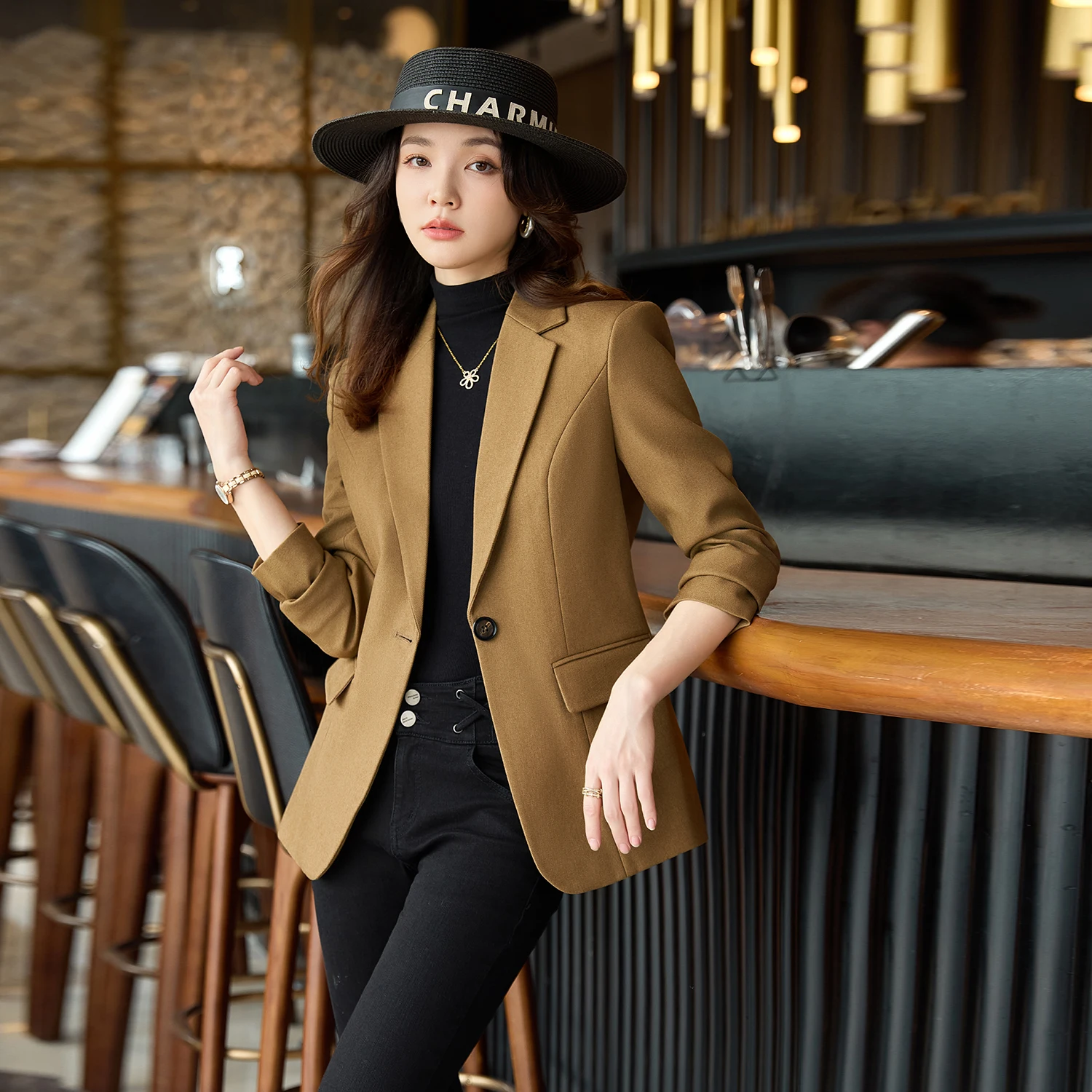 سترة رسمية للسيدات من NAVIU للمكتب باللون الرمادي والكاكي بدلة نسائية للعمل معطف كاجوال نحيف