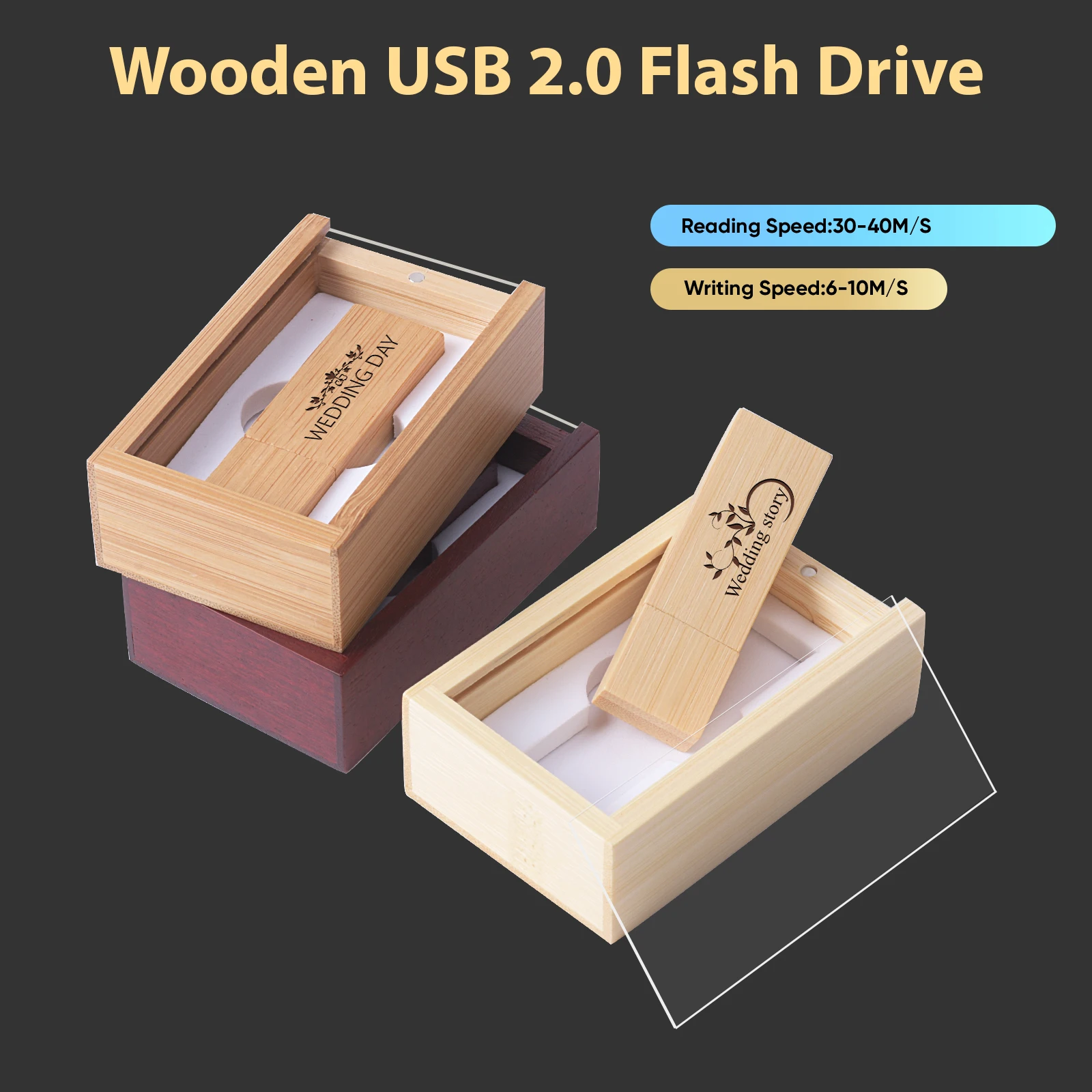 JASTER Wooden USB 2.0 Flash Drives 128GB 64GB Wedding Gift Box Acrylic Cover Pen Drive Free Custom Logo 32GB 16GB 8GB 4GB U Disk