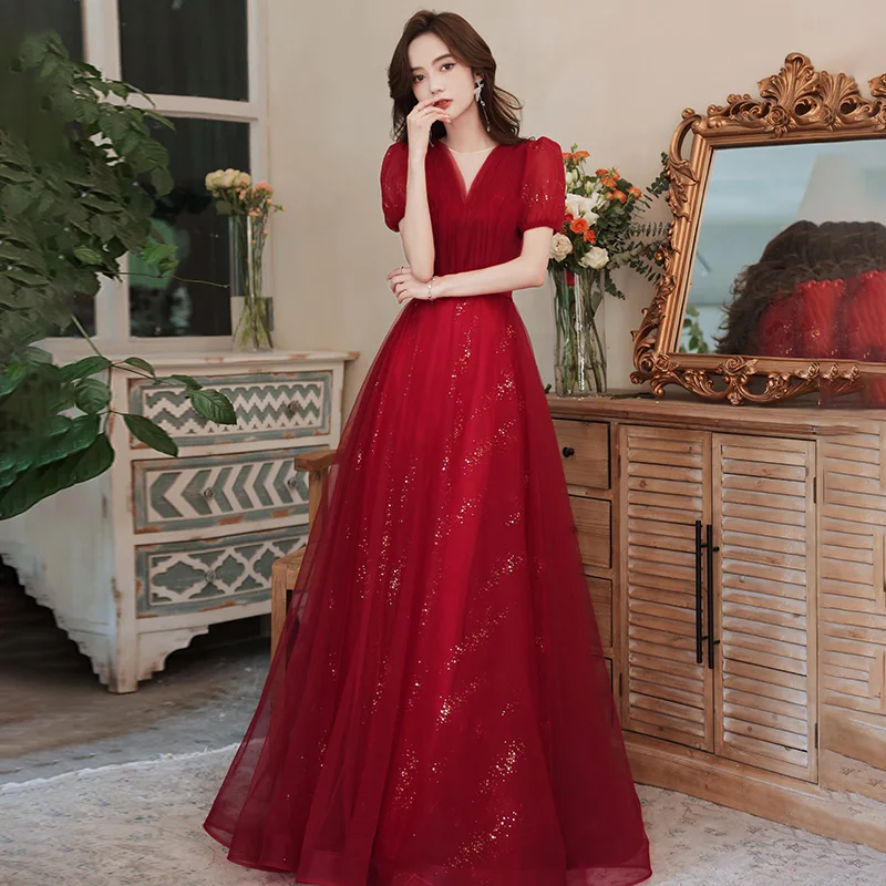 

It's Yiiya Evening Dress Burgundy Bling Tulle O-neck Short Sleeves A-line Floor-length Plus size Women Party Formal Gowns A3082