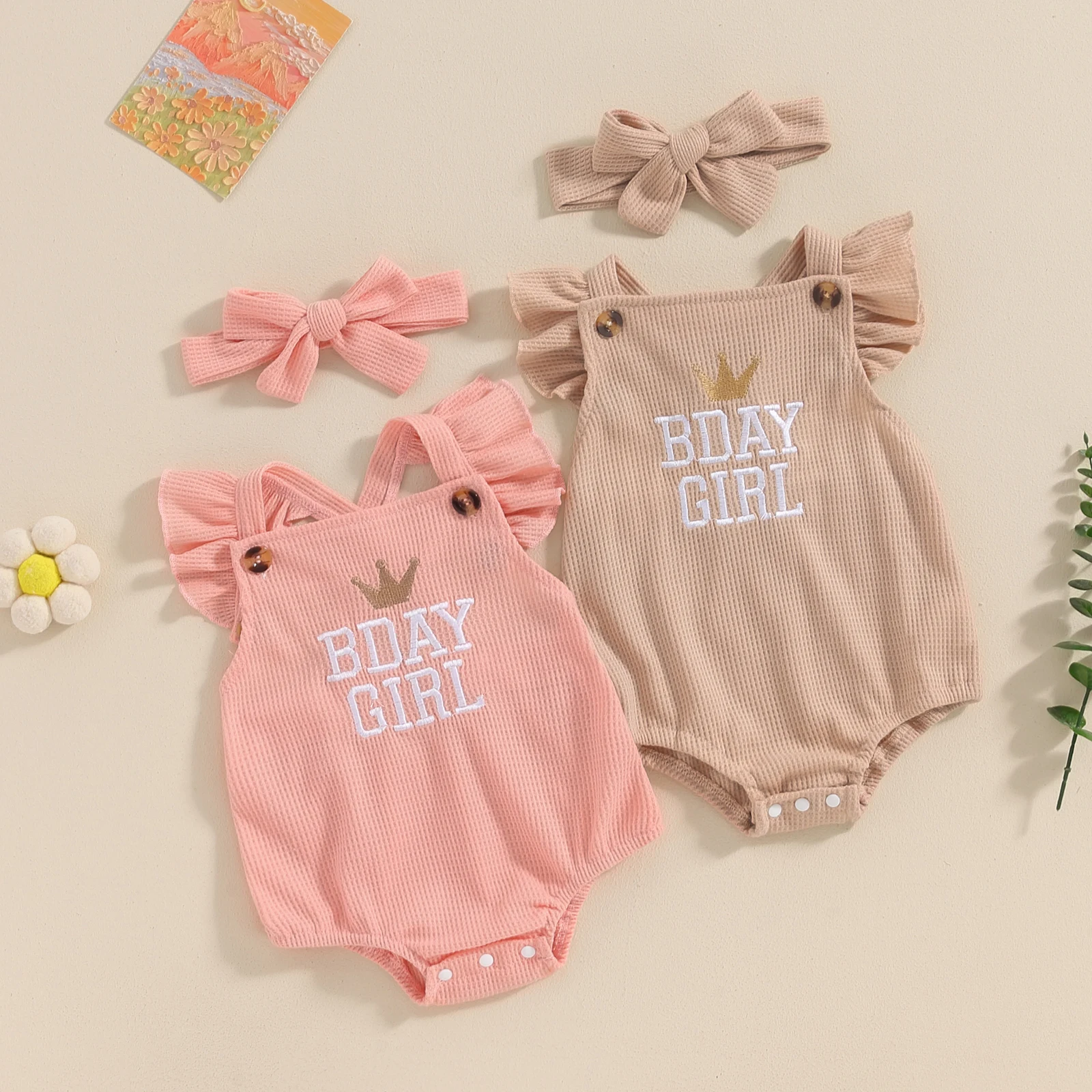 

Baby Girl Birthday Outfit Fly Sleeve Back Cross Embroidery Crown Letters Romper with Hairband Clothes