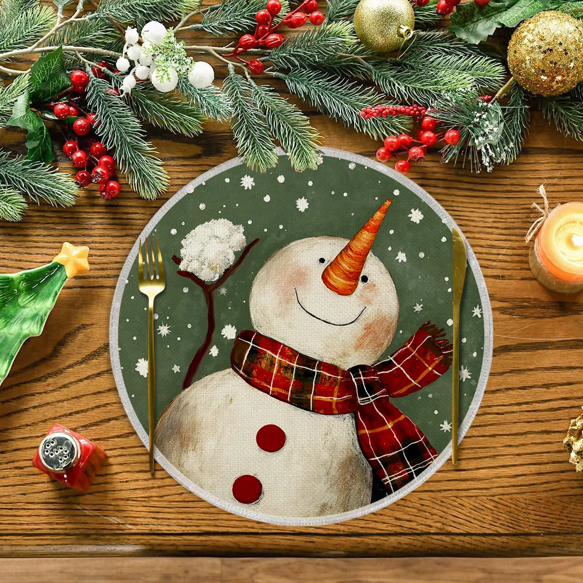 VIKAMA let it snow snowman round placemat 15 inch 38cm dining table mat non slip waterproof heat resistant winter holiday gift