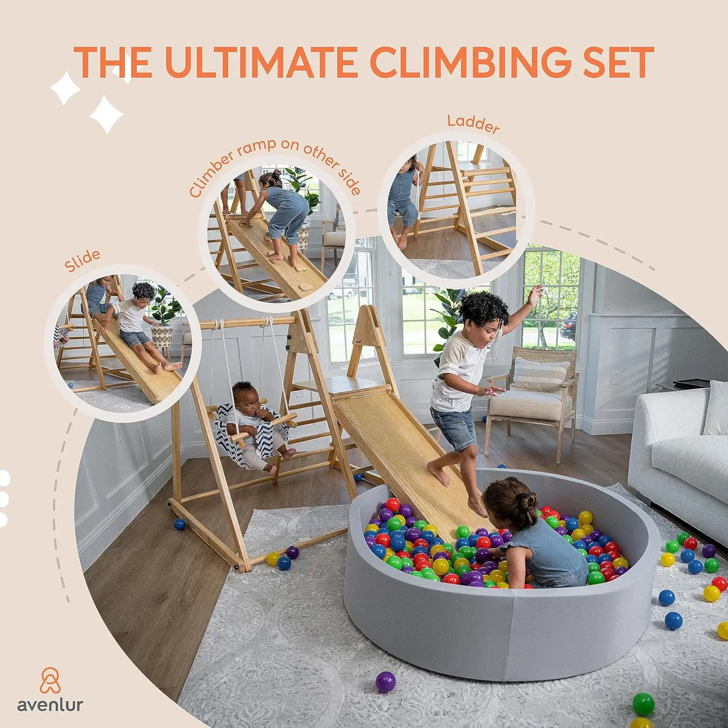 Juniper Indoor Play Gym - Jungle Gym Playset with Baby Swing, Slide, Ladder, and Climbing Wall - Foldable Wooden Playset - Indoo