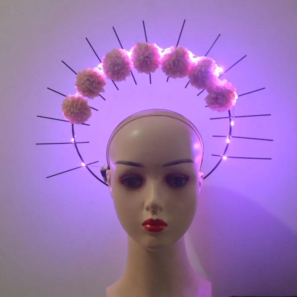 

LED Pink Lights Flower Halo Crown Spikes Sunburst Headpiece Headdress Women's Costume Hair Accessories Wedding Festival